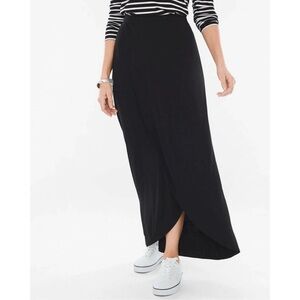 Chico's Maxi Skirt Size 3 (XL) Black Asymmetric Hem Faux Wrap Travellers Stretch